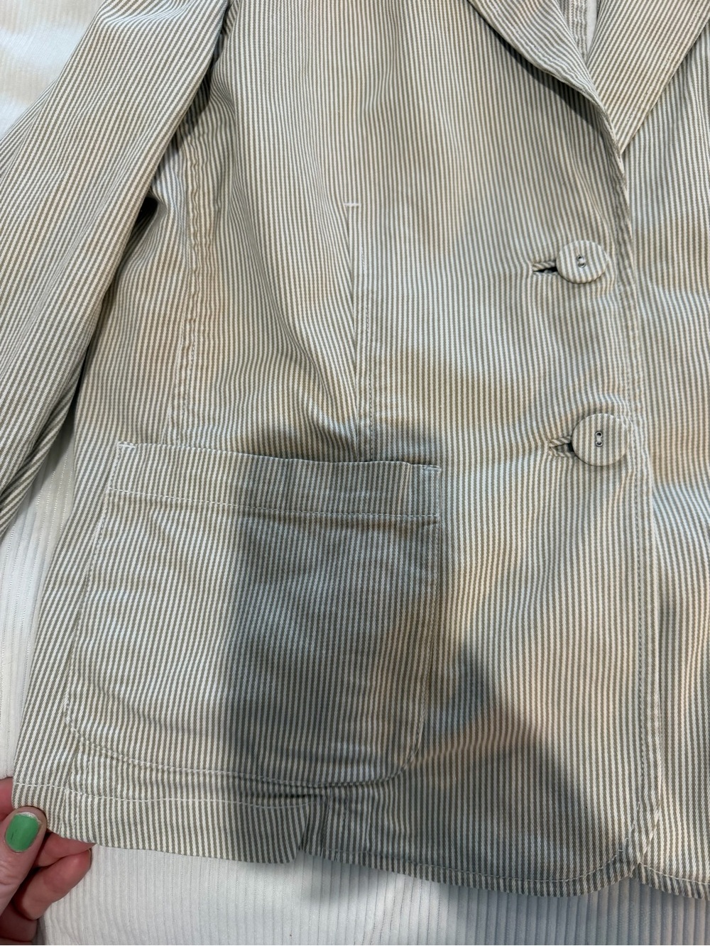Talbots Stretch Pinstripe Blazer Jacket Tan White Cotton Women's 12 Two Button - Picture 5 of 8